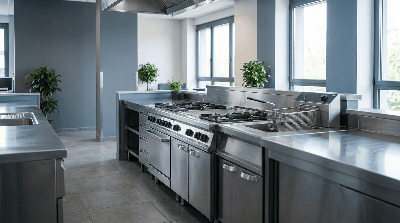 Cuisine professionnelle moderne avec équipements inox